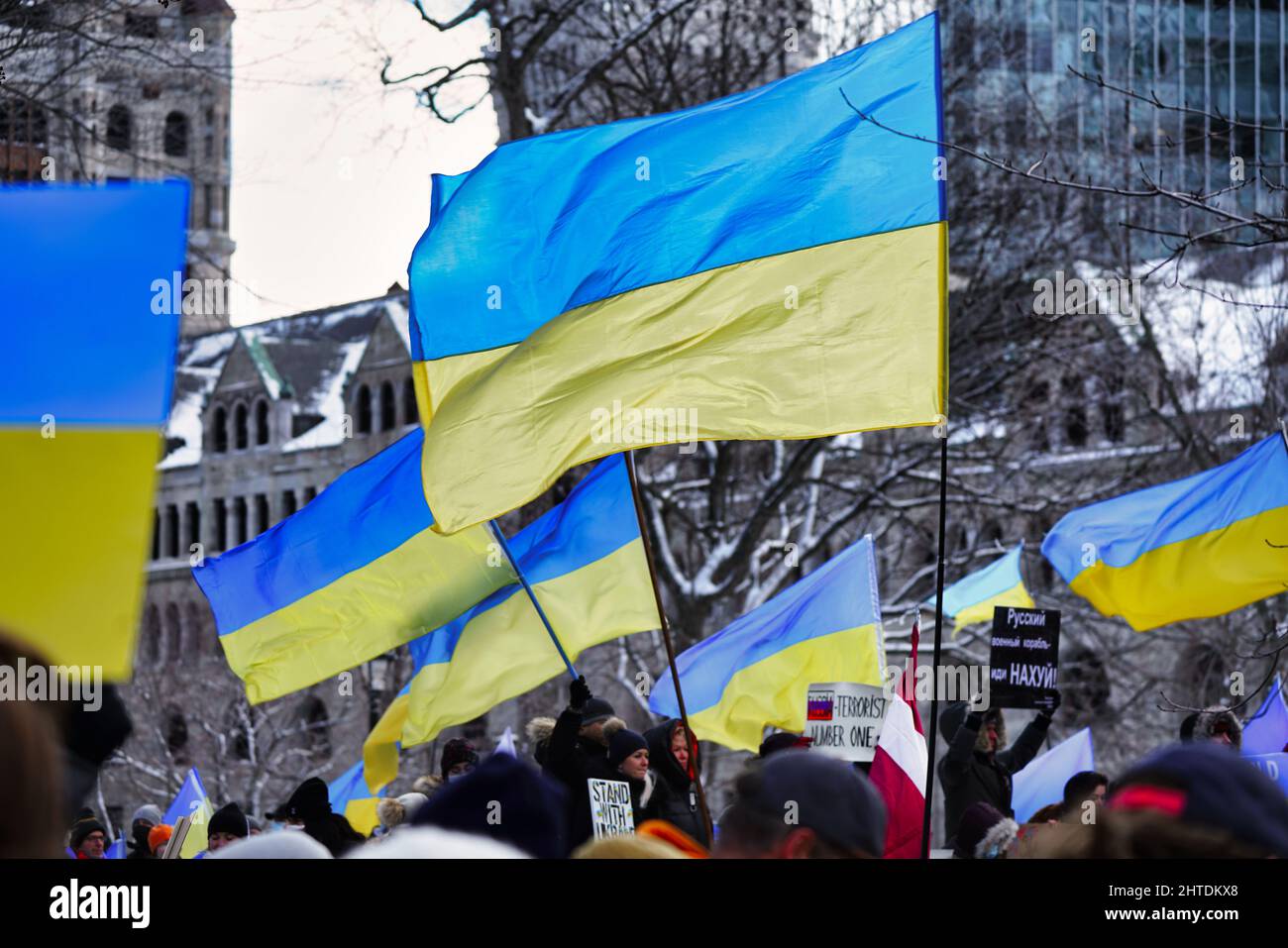 Ukrainian protest against Russian invasion in Montreal,Quebec,Canada.Sunday,February.27,2022 Stock Photo