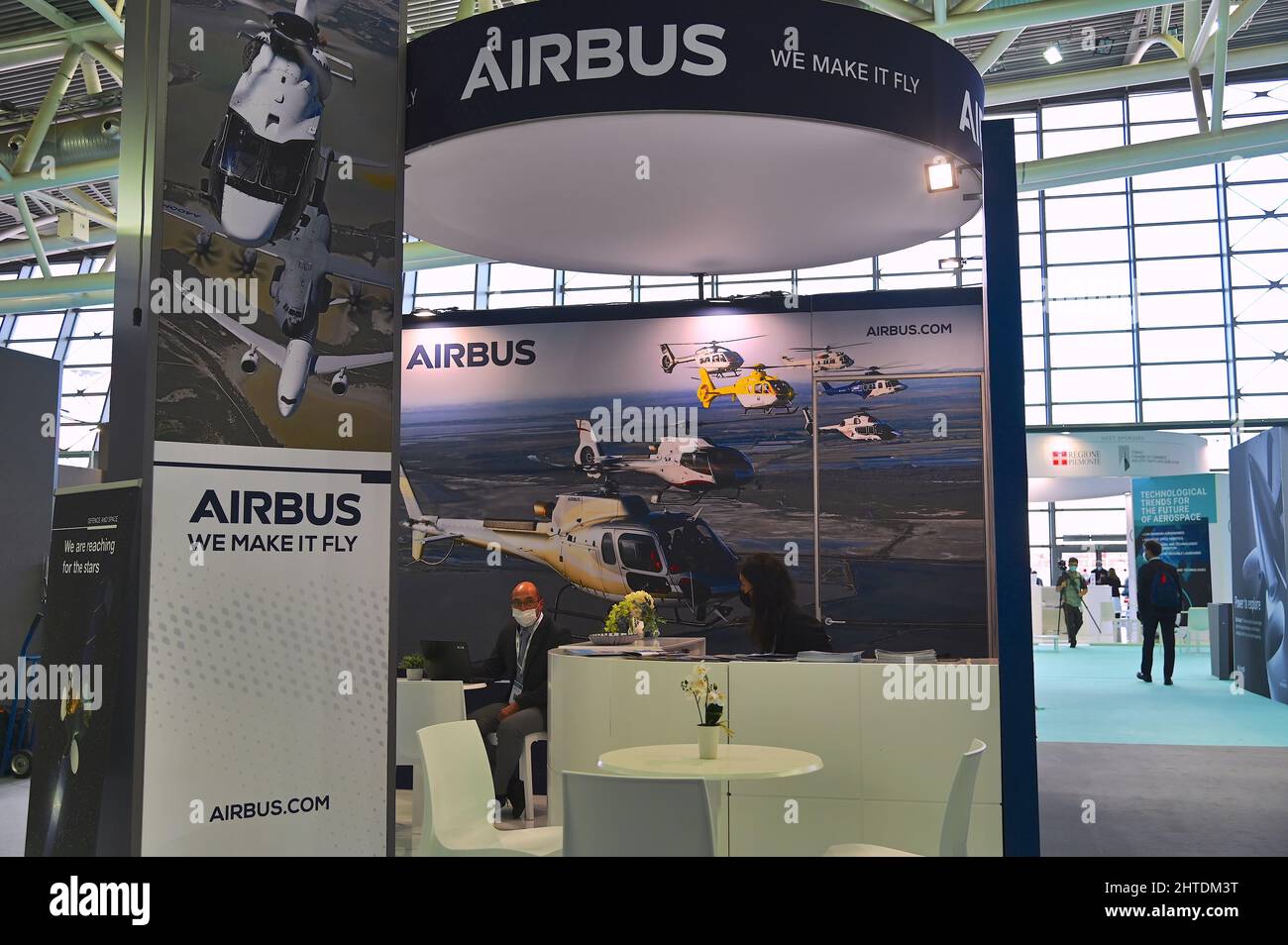 Airbus aviation company in Turin, Italy, with booth and logo at an aerospace fair Stock Photo