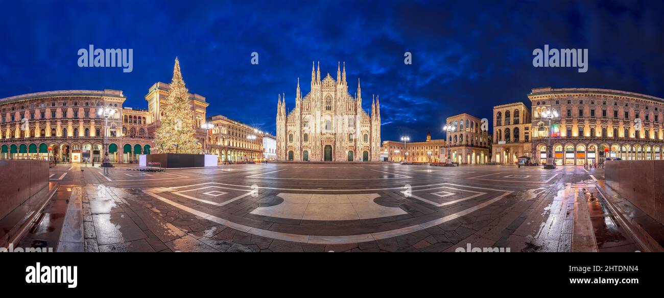 Milan, Italy at the Milan Duomo and Galleria during Christmas time at night. Stock Photo