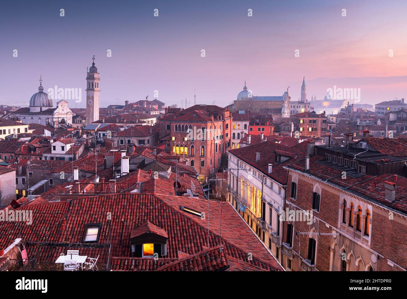Venice, Italy rooftop skyline and historic landmarks at dusk Stock ...