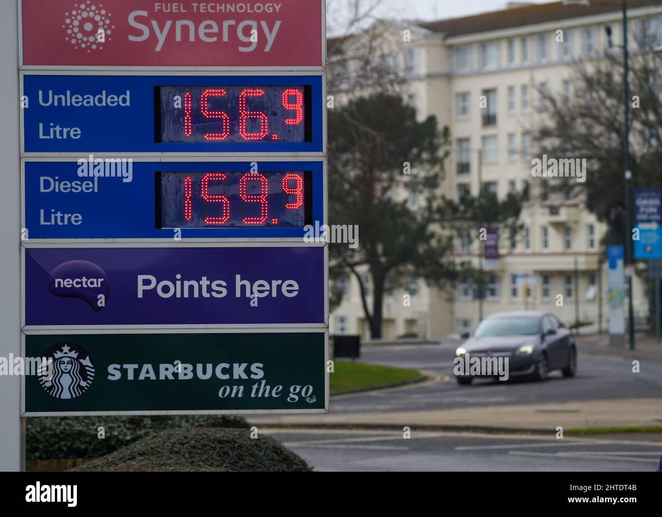 Fuel prices displayed at an Esso petrol station in Bournemouth, Dorset