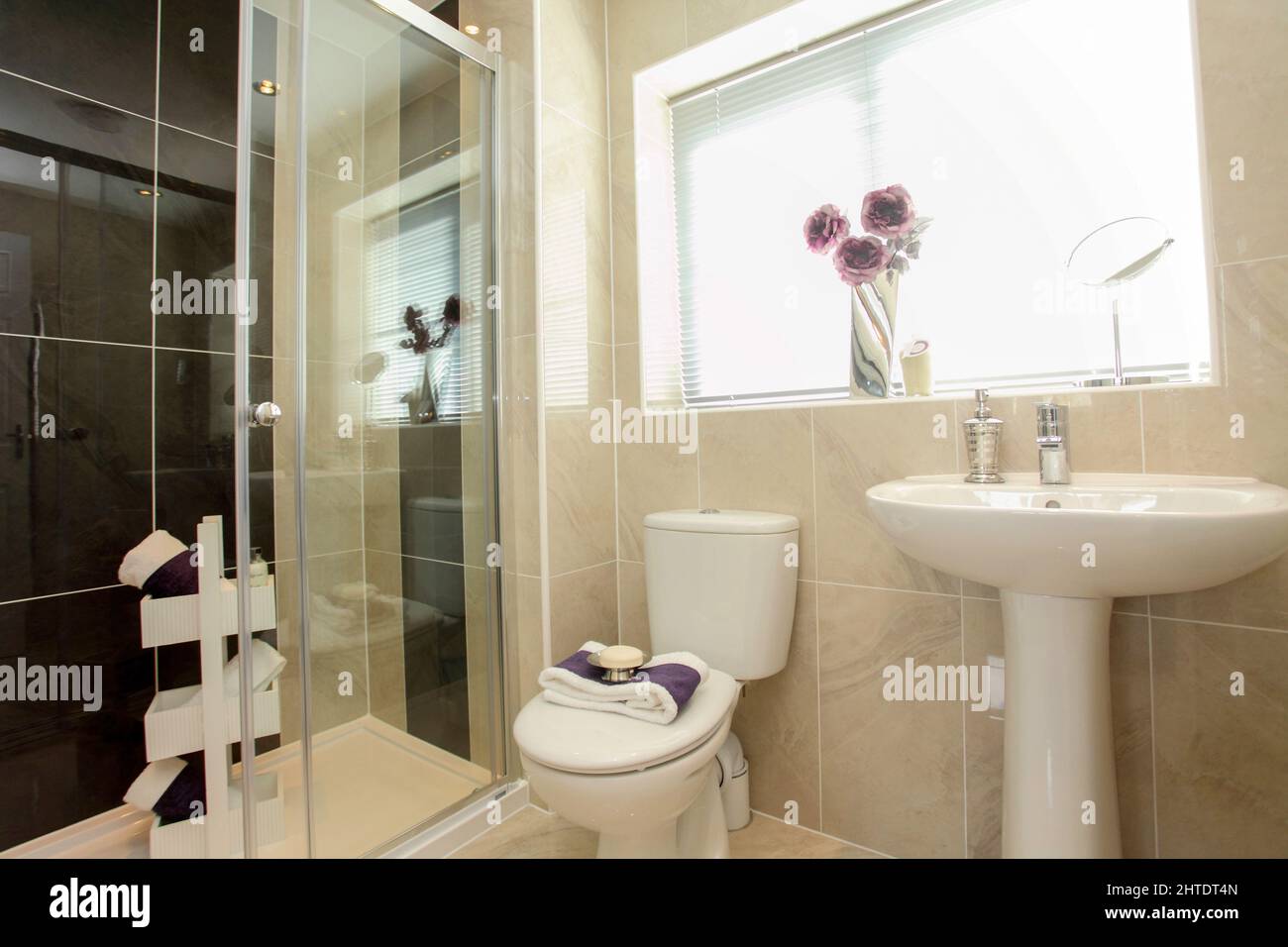 Modern bathroom in new build house home, toilet, shower, wash basin, simple, tiling, beige grey white colour color scheme. Stock Photo