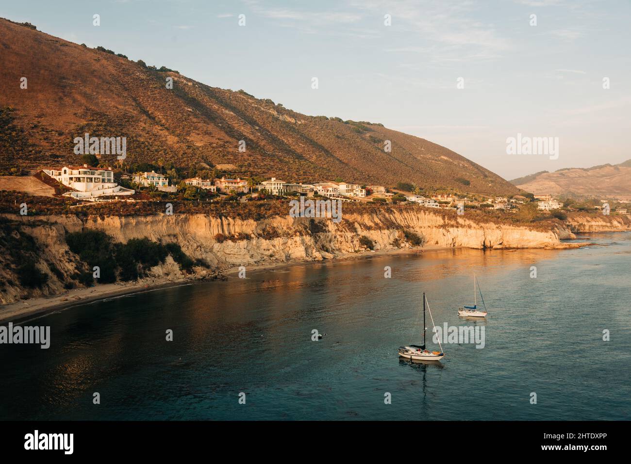 View of Pirates Cove Beach and sailboats, in Avila Beach, near San Luis ...