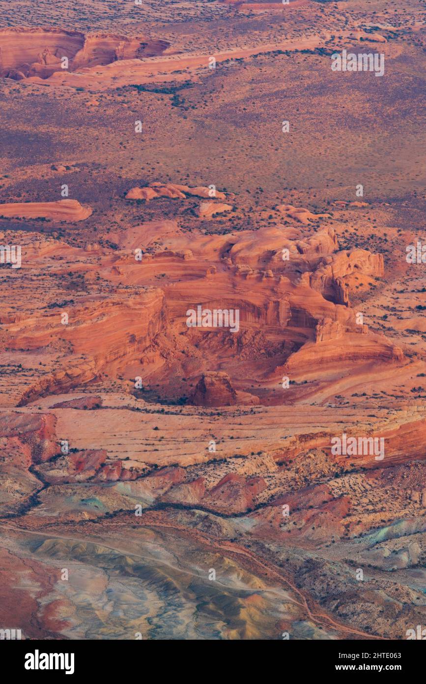 Aerial view of the Delicate Arch in Arches National Park, Utah, USA Stock Photo