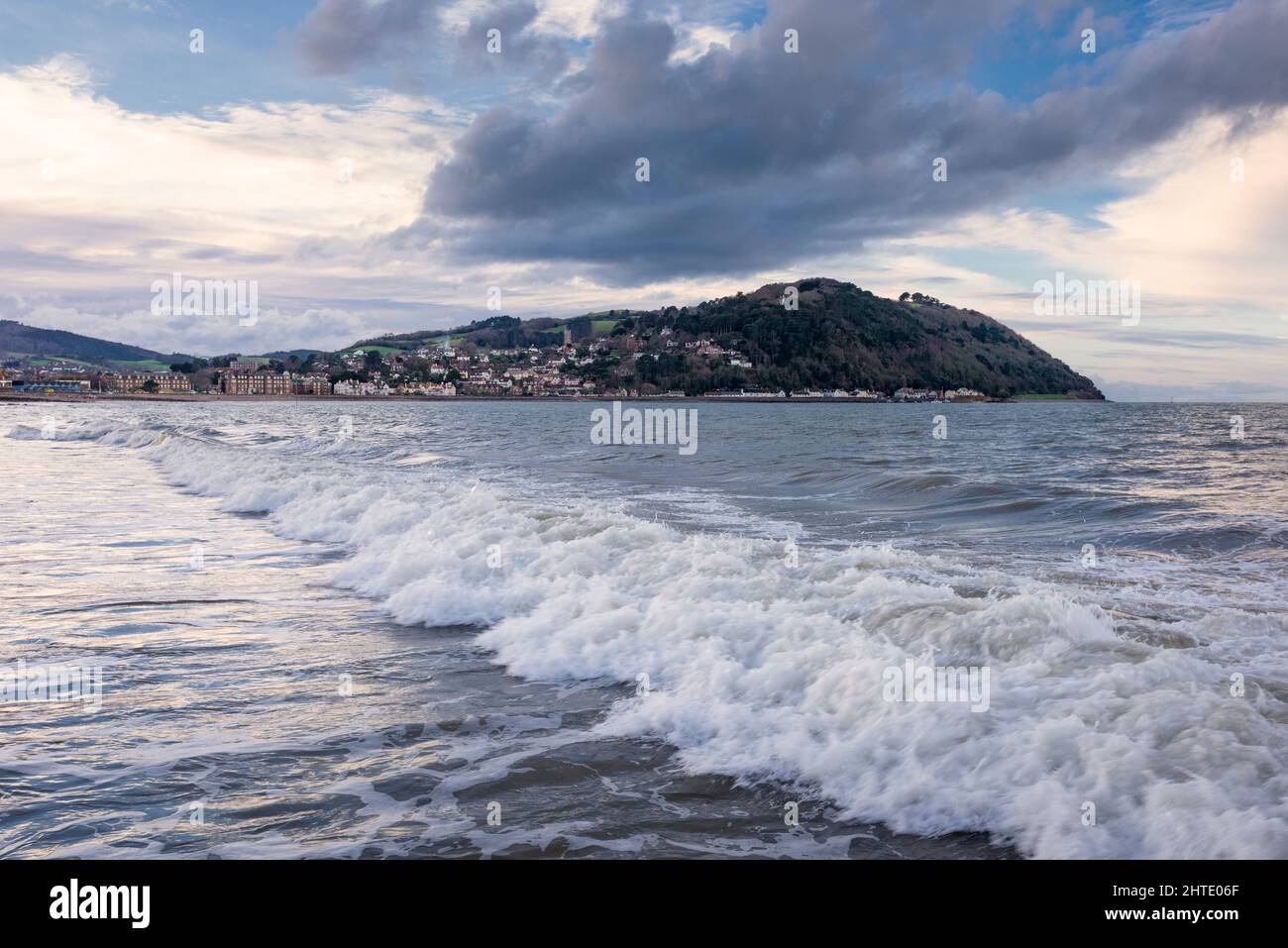 The Strand Beach at Minehead on the Bristol Channel with North Hill beyond, Somerset, England. Stock Photo