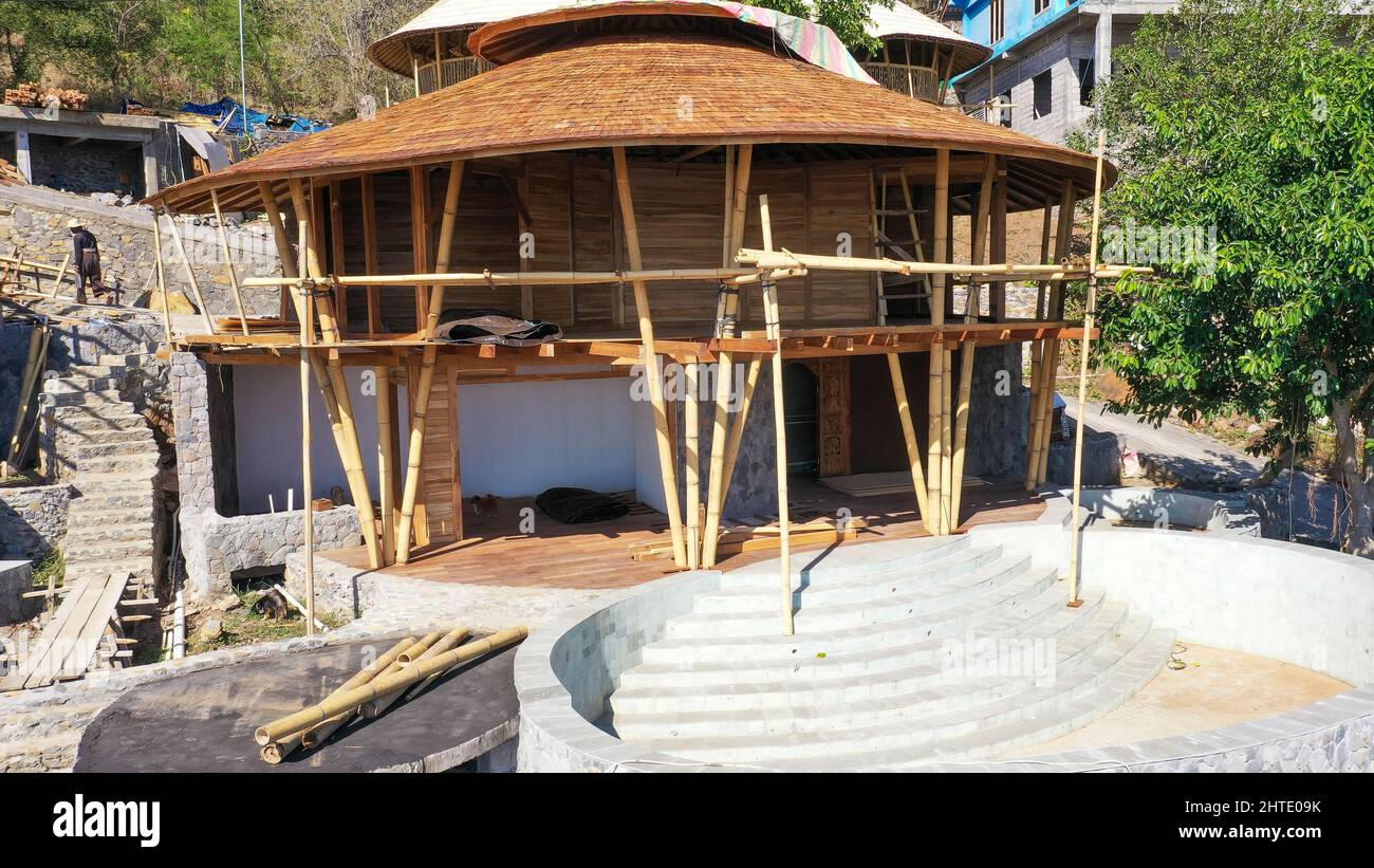 New residential construction home framing against a blue sky. Roofing