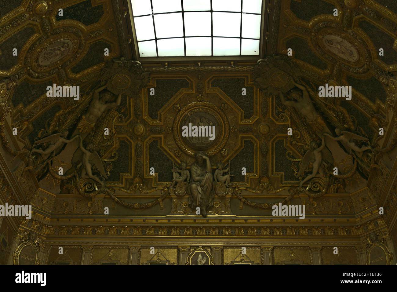 Closeup of the Louvre museum exhibition hall ceiling, Paris in France ...
