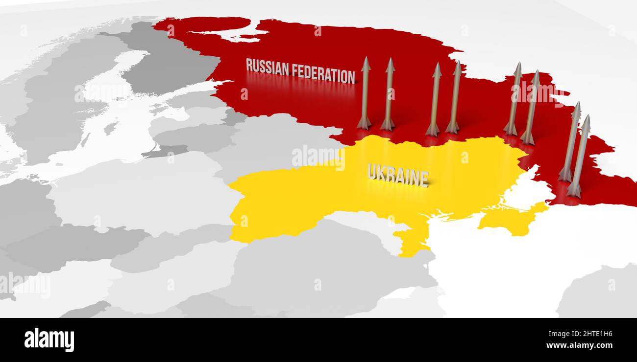 Nuclear war in Russia-Ukraine Crisis. Ukrainian vs Russian borders on Europe-Asia 3D render map with bombs. Diplomatic relation, conflict strategy Stock Photo