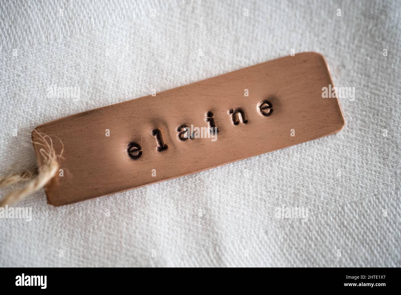 Elaine identity engraved name dog tag copper metal name plate badge. Shiny and clean stamped letters on retro trinket pendent. Stock Photo