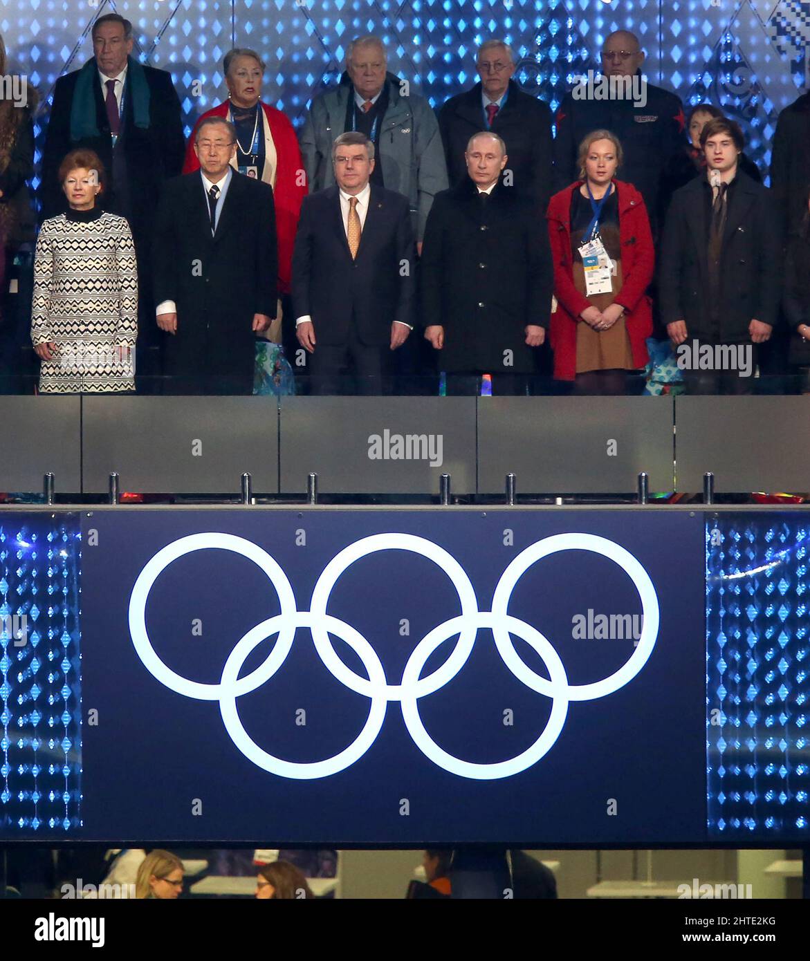 File photo dated 07-02-2014 of Russia's President Vladimir Putin (centre right) and President of the International Olympic Committee, Thomas Bach (centre left). International sports federations and event organisers should not allow Russian and Belarusian athletes to participate in international competitions amid the Russian invasion of Ukraine, the International Olympic Committee's executive board has said. Issue date: Monday February 28, 2022. Stock Photo