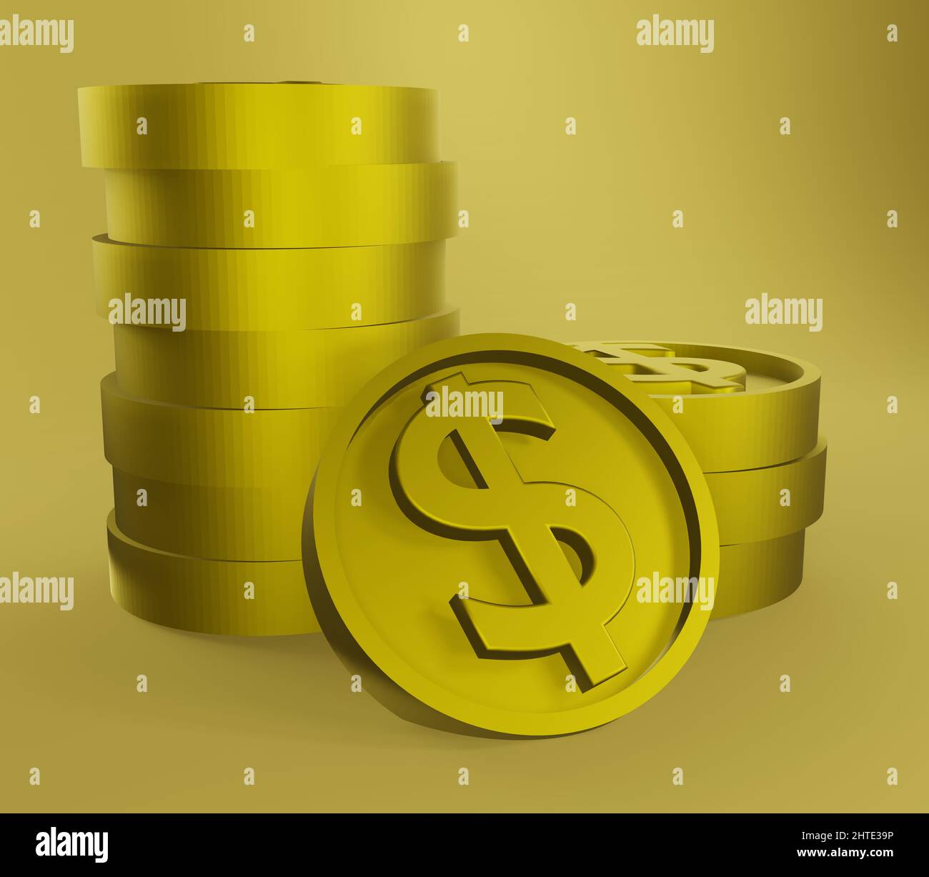 3D rendering of a stack of golden dollar coins on a yellow background ...