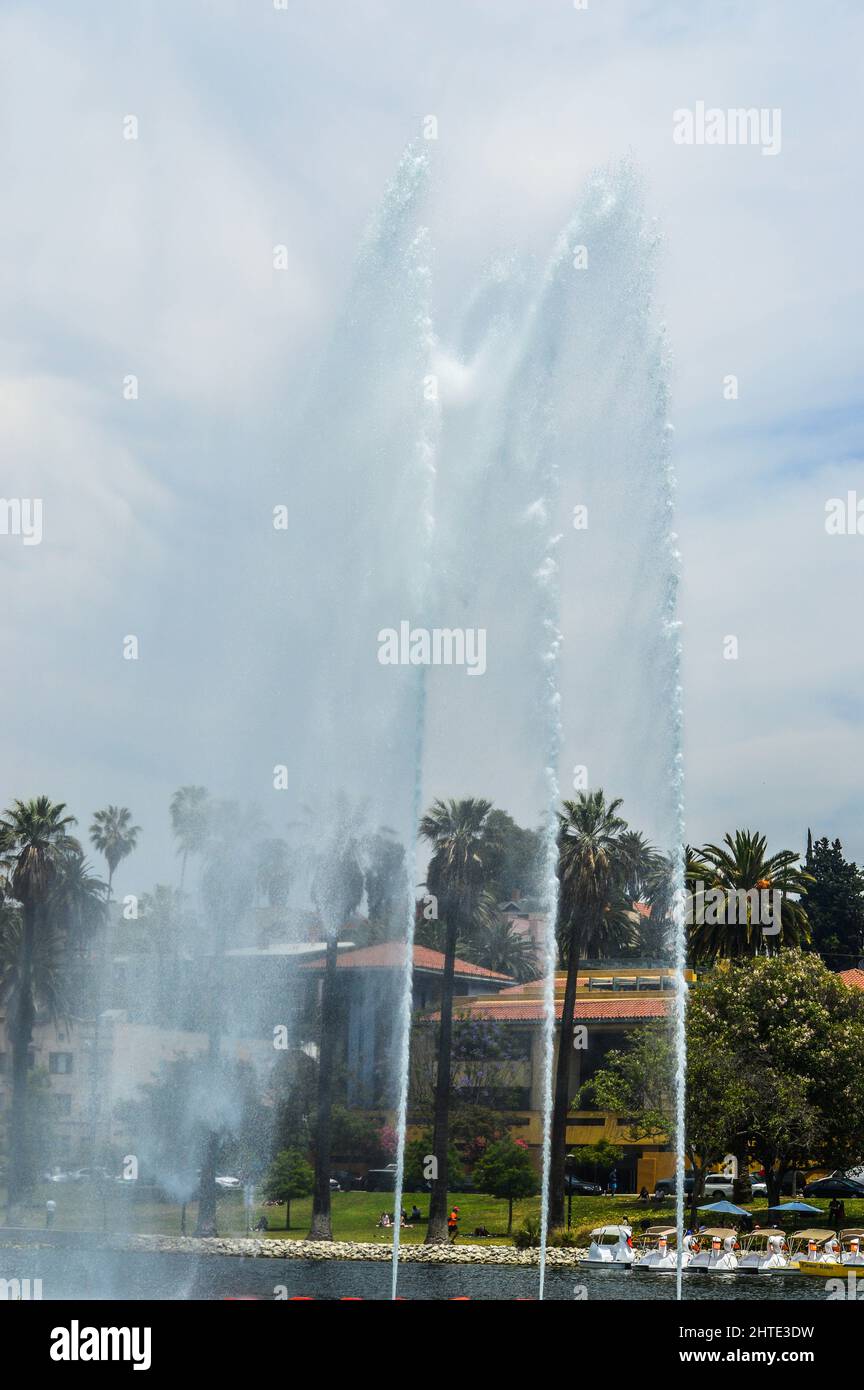 Beautiful view of water sprays from a fountain in Echo Park Lake in Los
