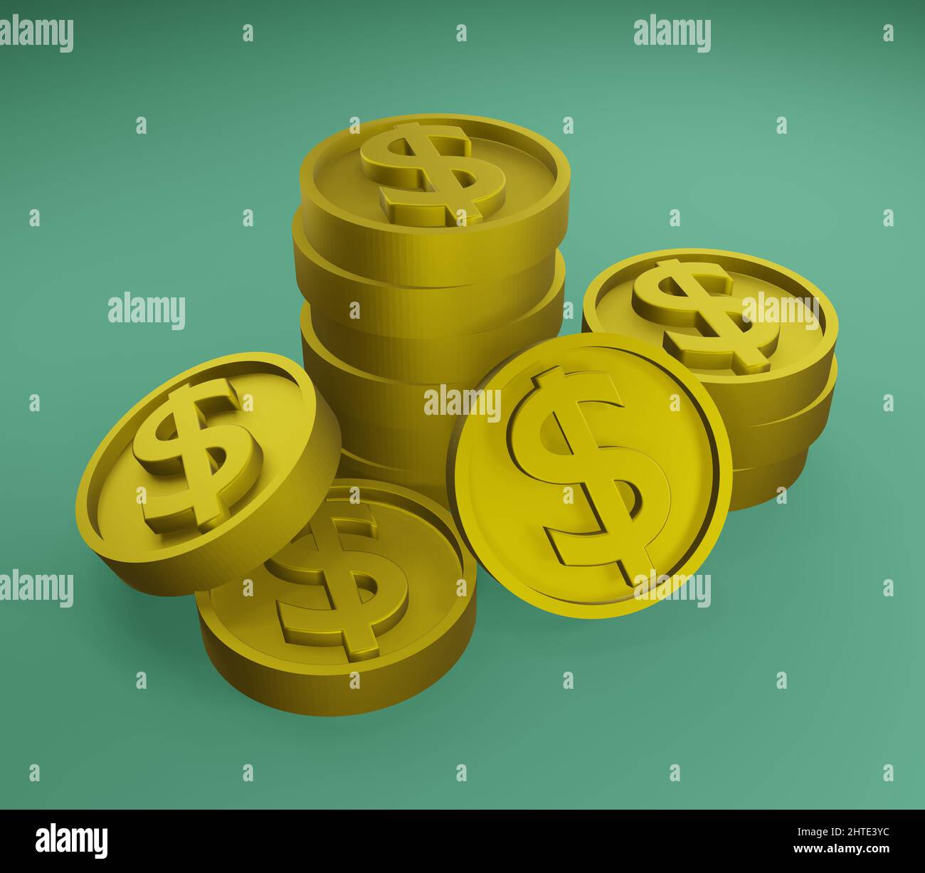 3D rendering of a stack of golden dollar coins on a green background ...