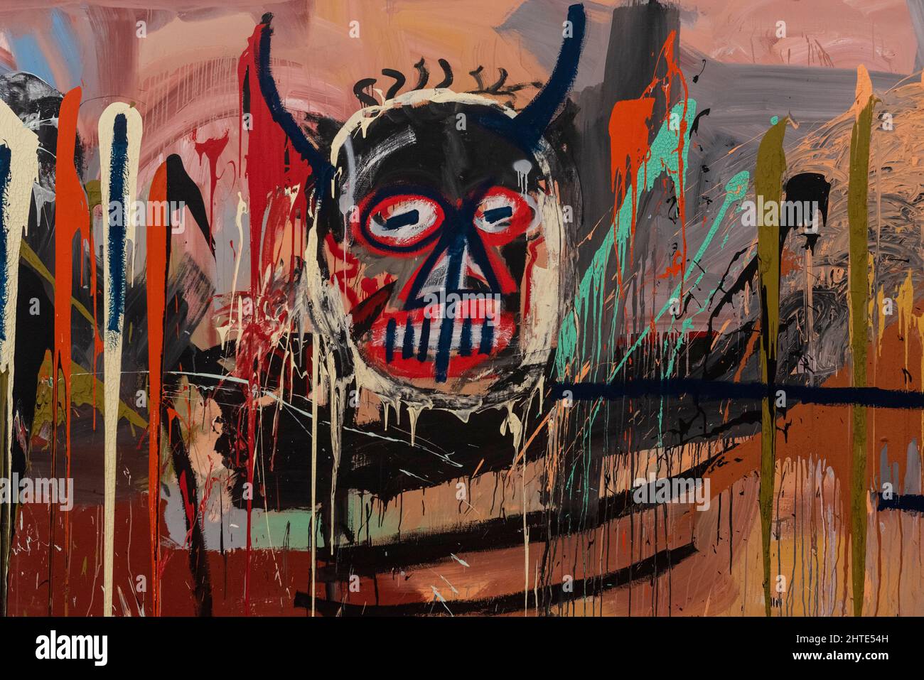 London, UK. 28 February 2022. Detail of “Untitled”, 1982, by Jean-Michel  Basquiat (Est. $70m), from the collection of Japanese art collector and  entrepreneur Yusaku Maezawa, unveiled at Phillips in London. The 16