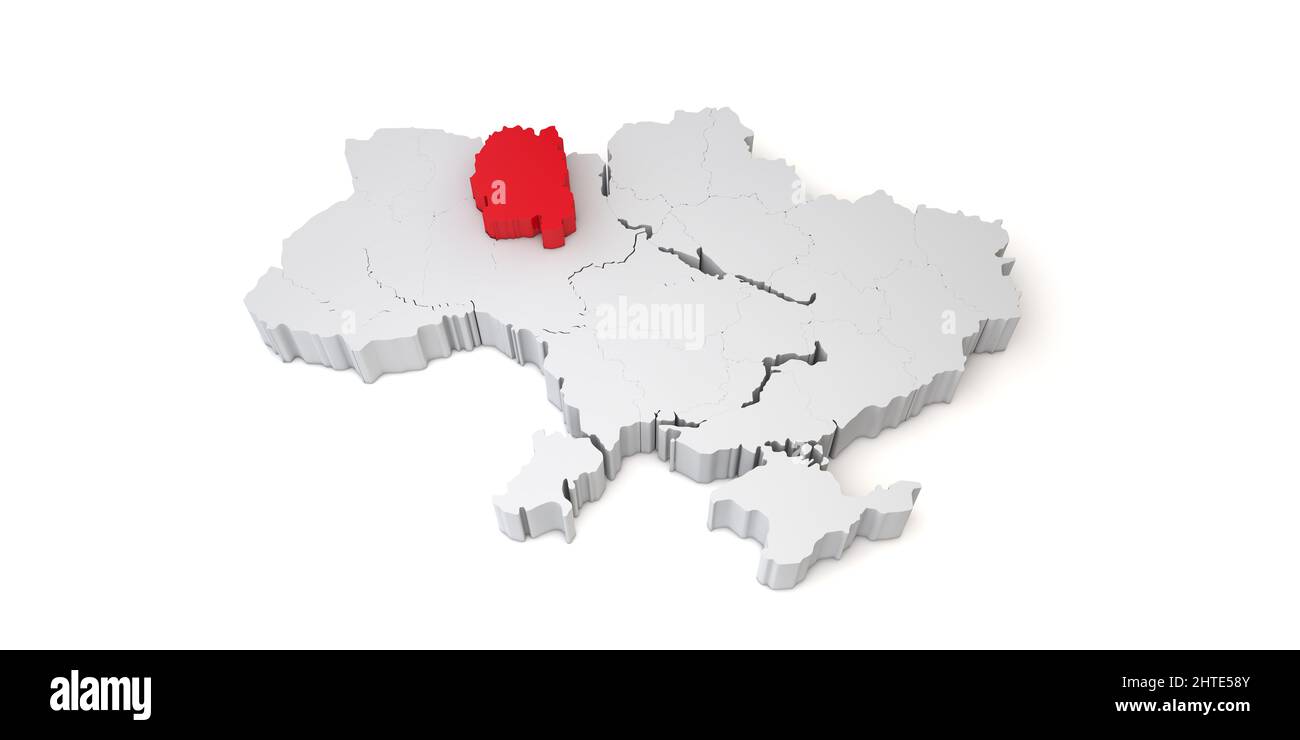 3d map of Ukraine showing the region of Zhytomyr in red. 3D Rendering Stock Photo