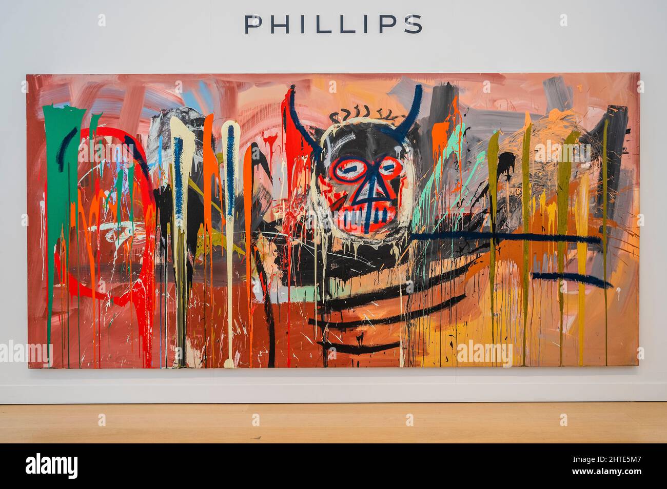 London, UK. 28th Feb, 2022. Jean-Michel Basquiat, Untitled, 1982, est in  the region of $70m, previewed as the lead lot in the Phillips 20th Century  New York Evening Sale, in May. Credit: