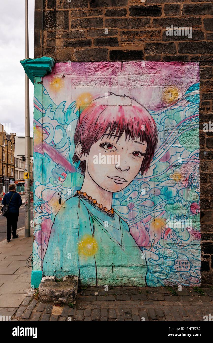 Vertical shot of a graffiti street art in Leith Walk, Edinburgh Stock