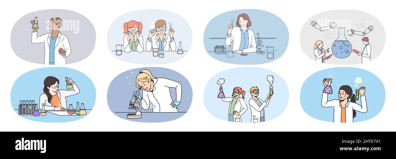 Collection of scientists work in lab experiment with cell using test tubes and microscope. Set of researchers in medical uniform develop vaccine in laboratory. Pharmacy concept. Vector illustration.  Stock Vector