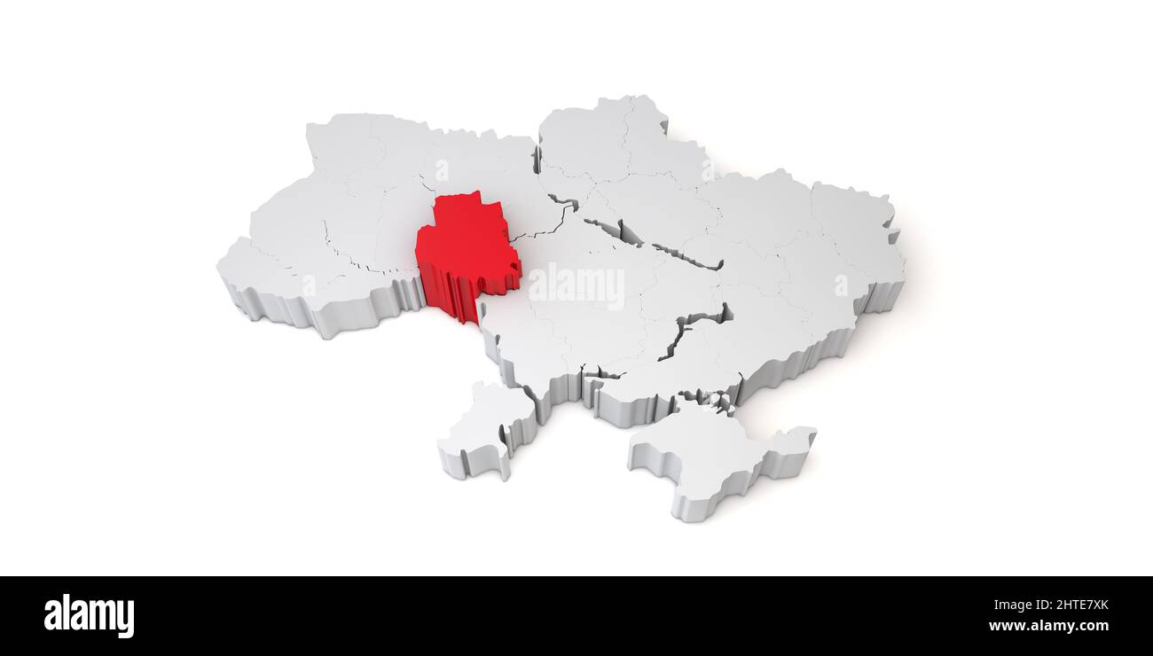 3d map of Ukraine showing the region of Vinnytsia in red. 3D Rendering Stock Photo