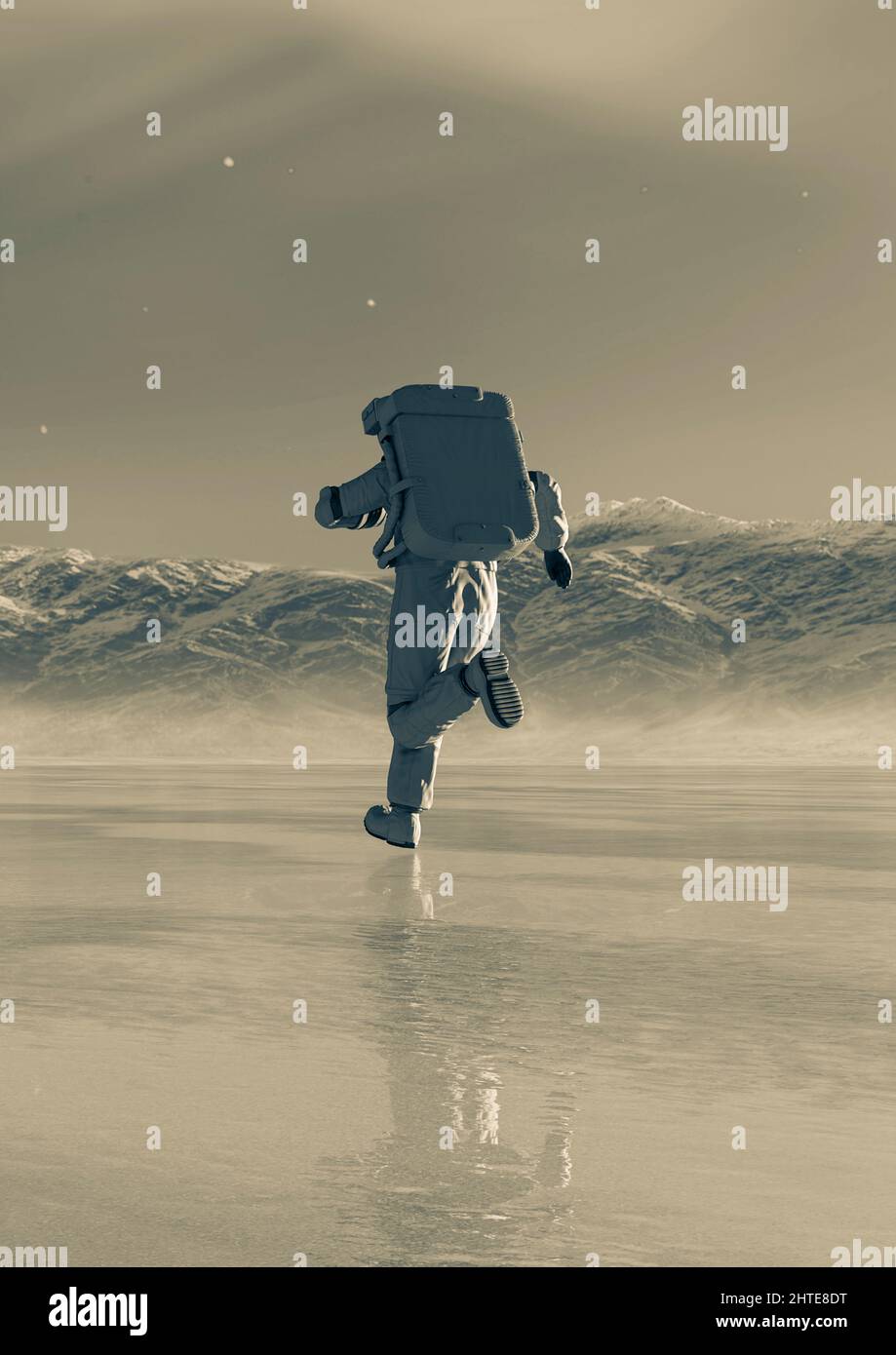 astronaut in another planet is running late on the ice lake rear view ...