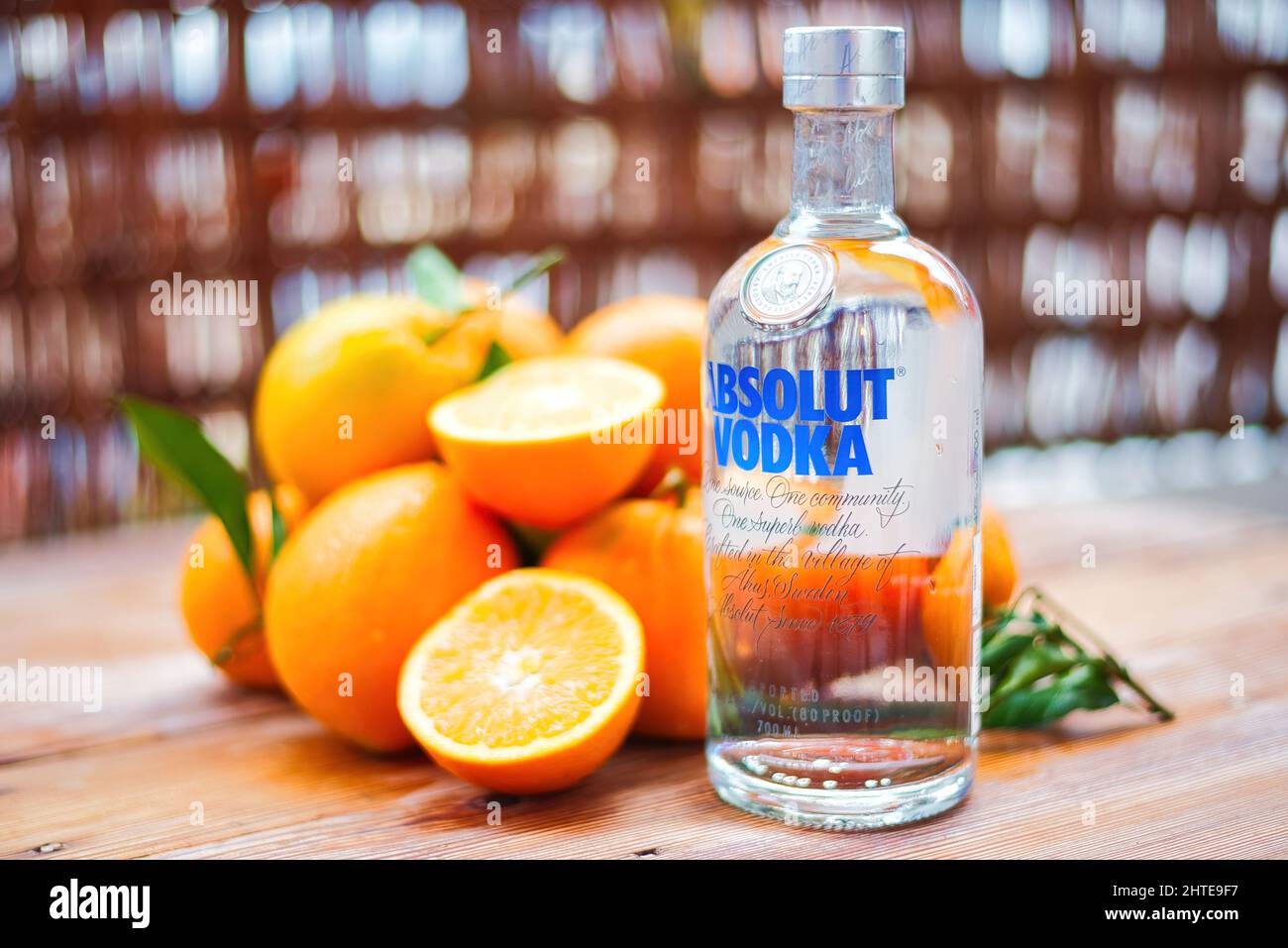 Bottle of Absolut Vodka, a brand of quality vodka produced in Sweden