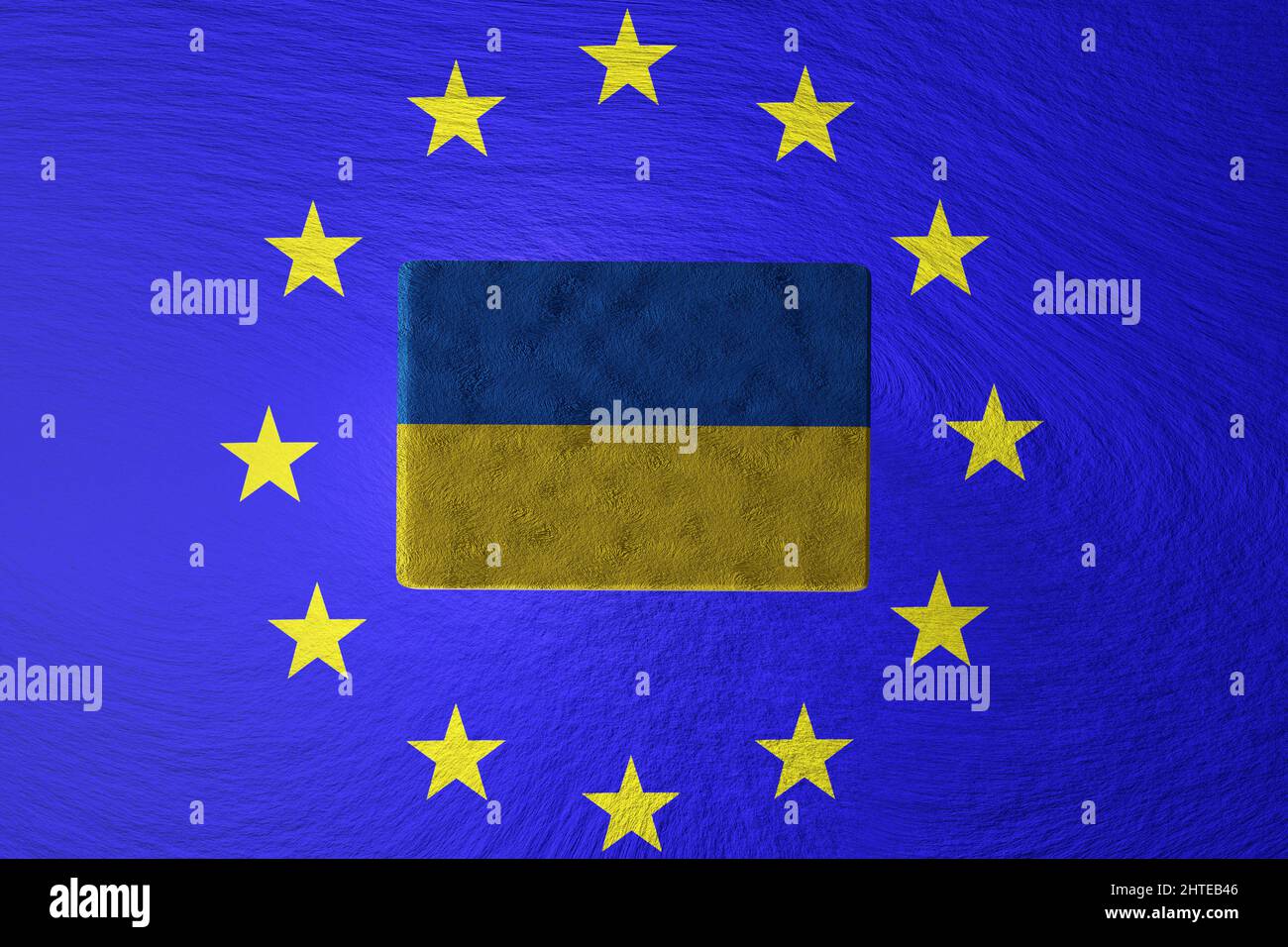 Ukraine joining European Union concept. Ukrainian flag with EU banner. Stock Photo
