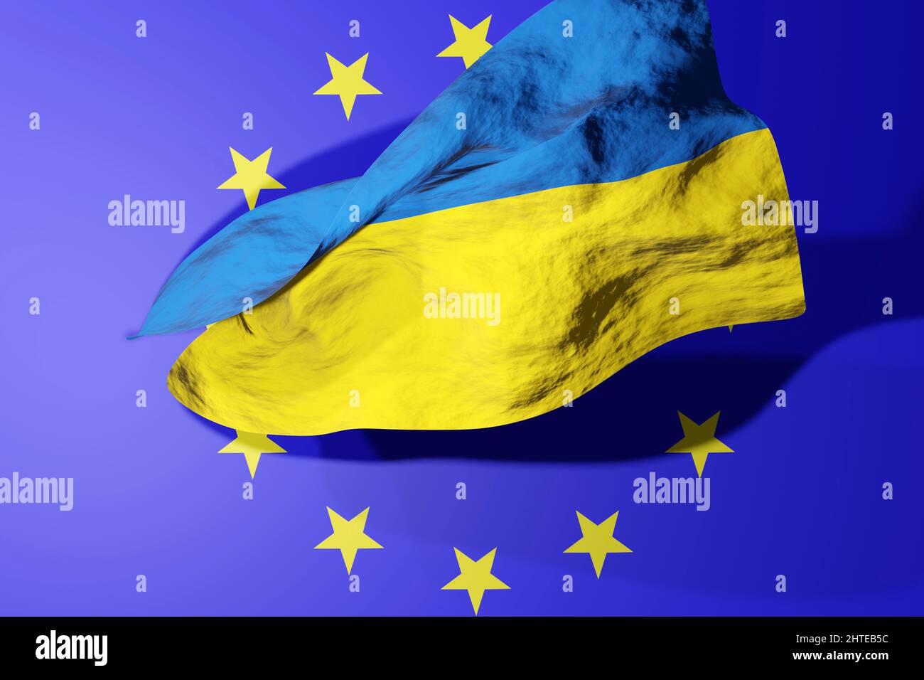 Ukraine joining European Union concept. Ukrainian flag with EU banner. Stock Photo