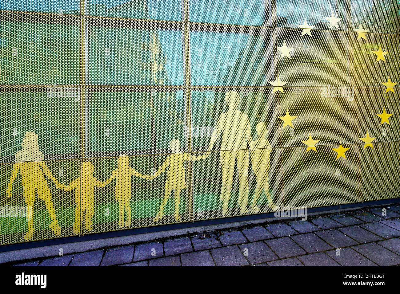 Facade decoration on European Centre for Disease Prevention and Control building, located in Solna/Frösunda, Stockholm City, Sweden. Stock Photo