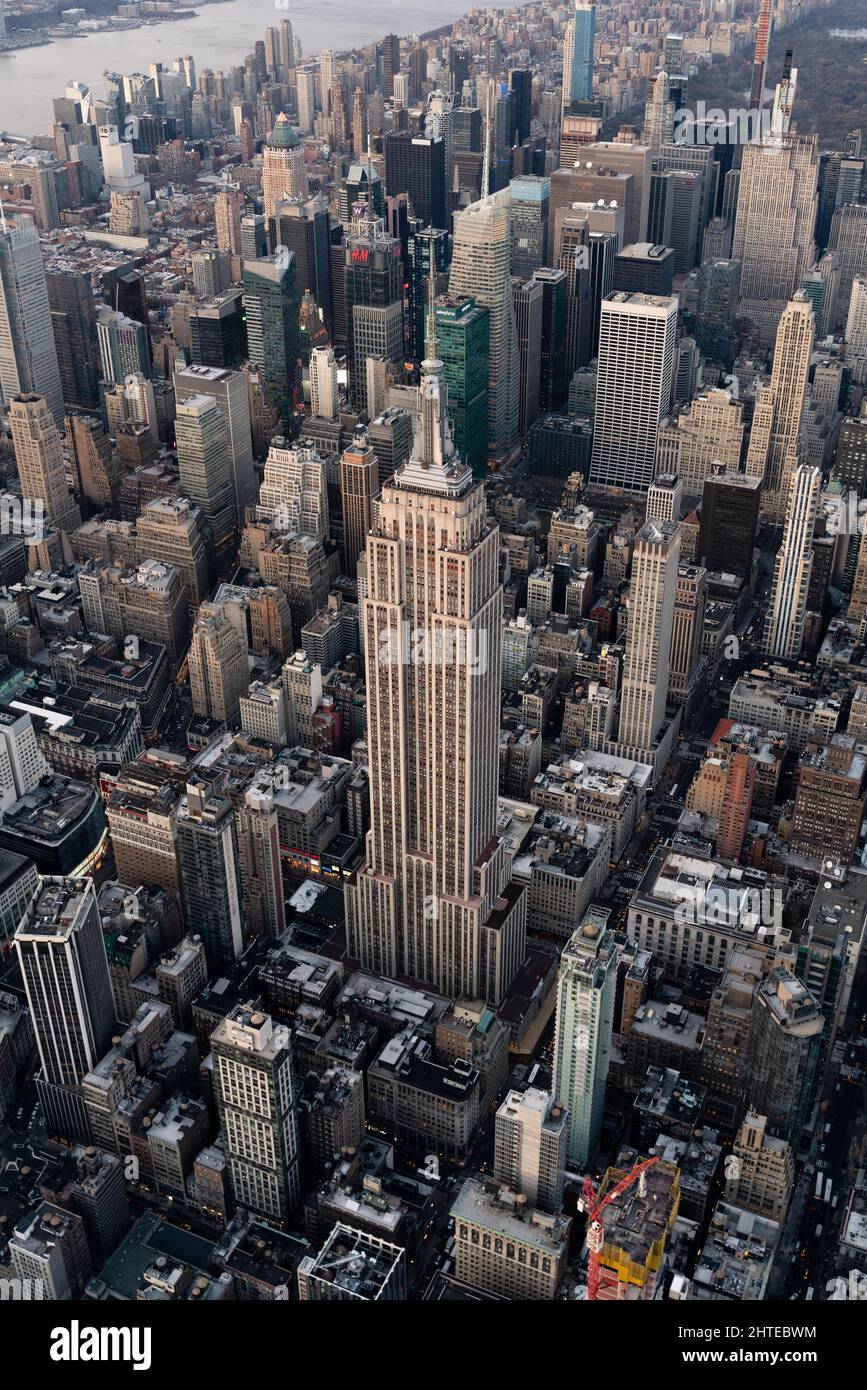 Aerial shot of the cityscape of New York City, with the skyscrapers and