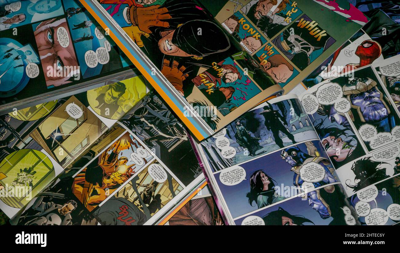 Top view of many Comics pages using: Marvel Agents of SHIELD, Daredevil, Thanos Rising in Romania Stock Photo - Alamy Top view of many Comics pages using: Marvel Agents of SHIELD, Daredevil, Thanos Rising in Romania Stock Photo - Alamy