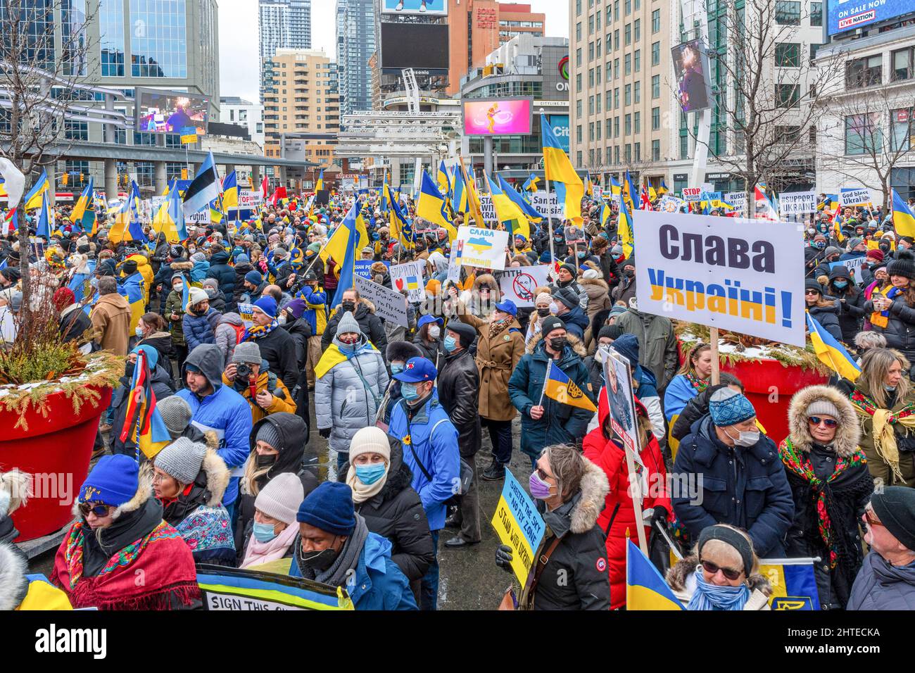 Toronto Ukraine Rally Toronto, Canada - February 27, 2022: General view of the crowd of ...