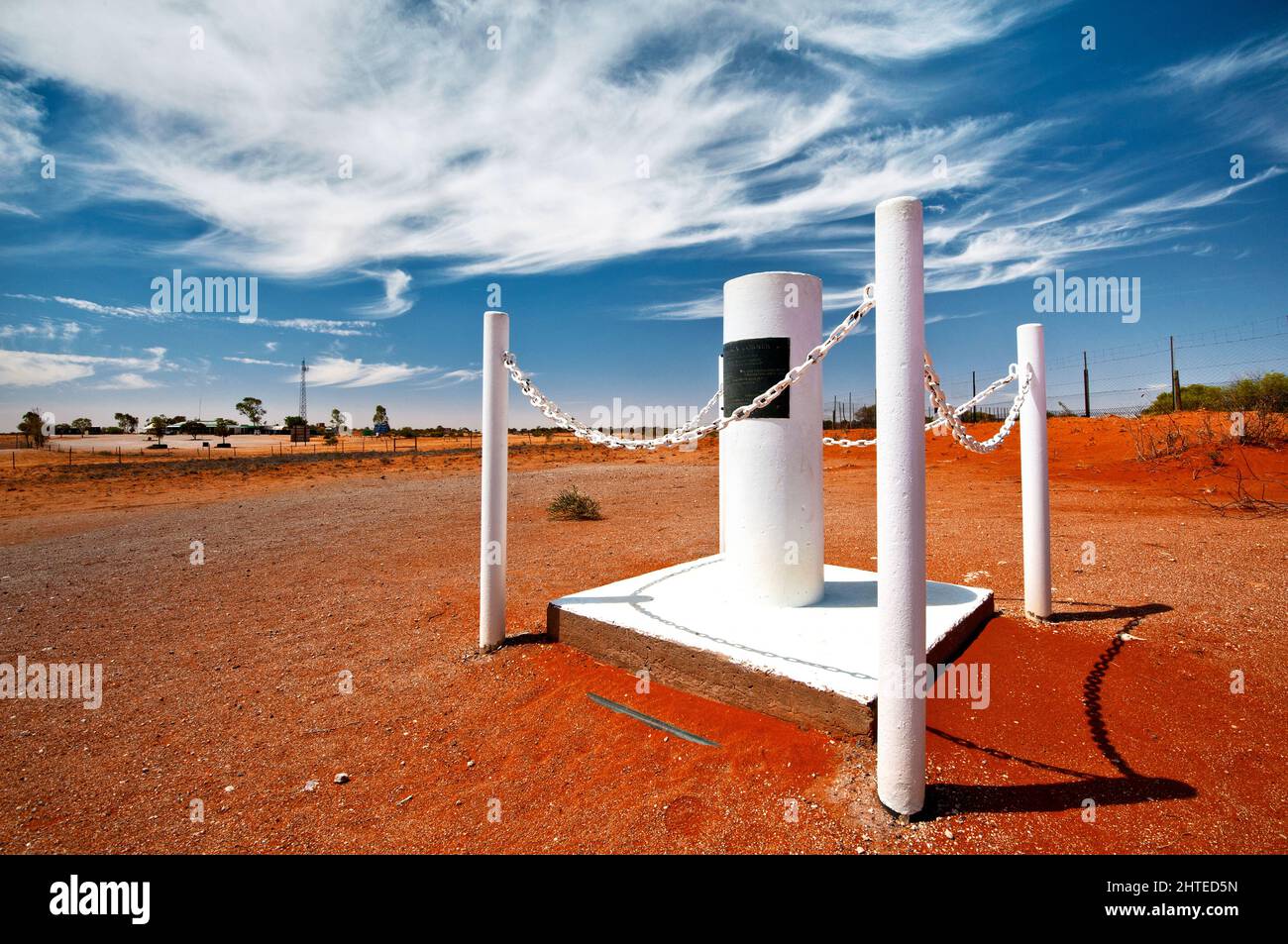 Historical marker at Cameron Corner i Australia's Outback. Stock Photo