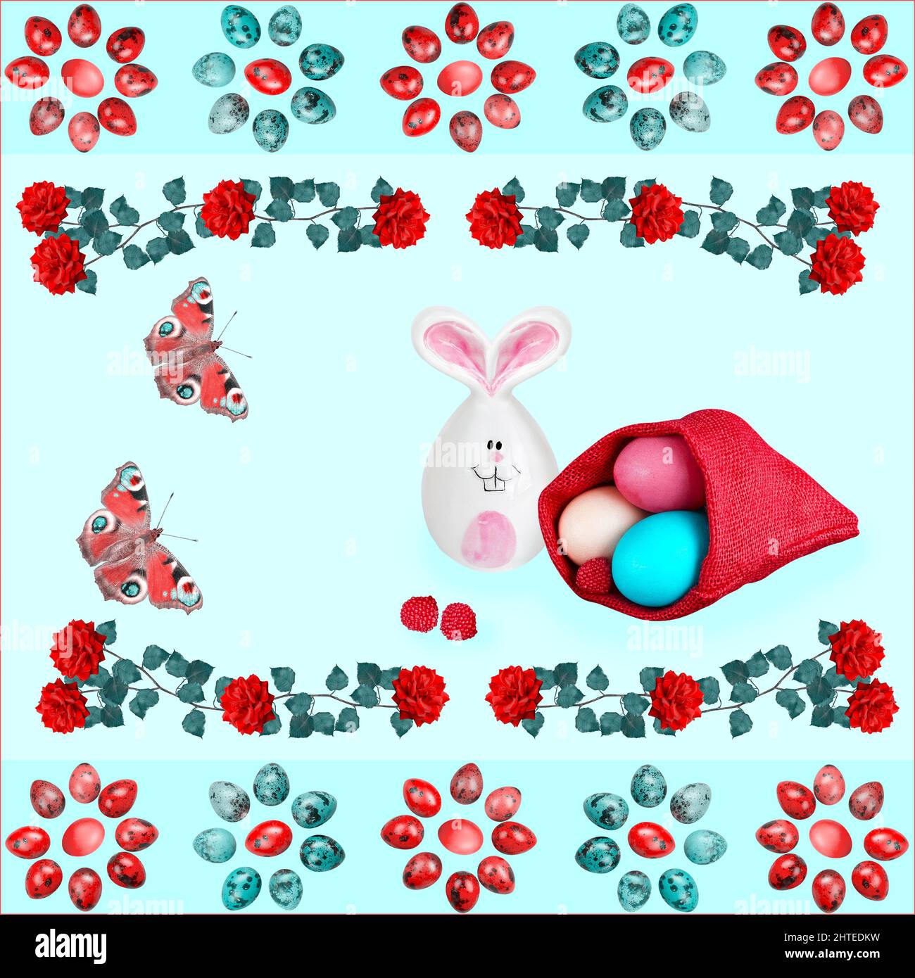 Easter composition in red and turquoise tones on a square background. Easter concept, seamless Stock Photo