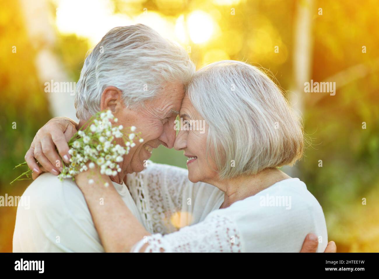 Happy senior couple embracing in summer park Stock Photo - Alamy