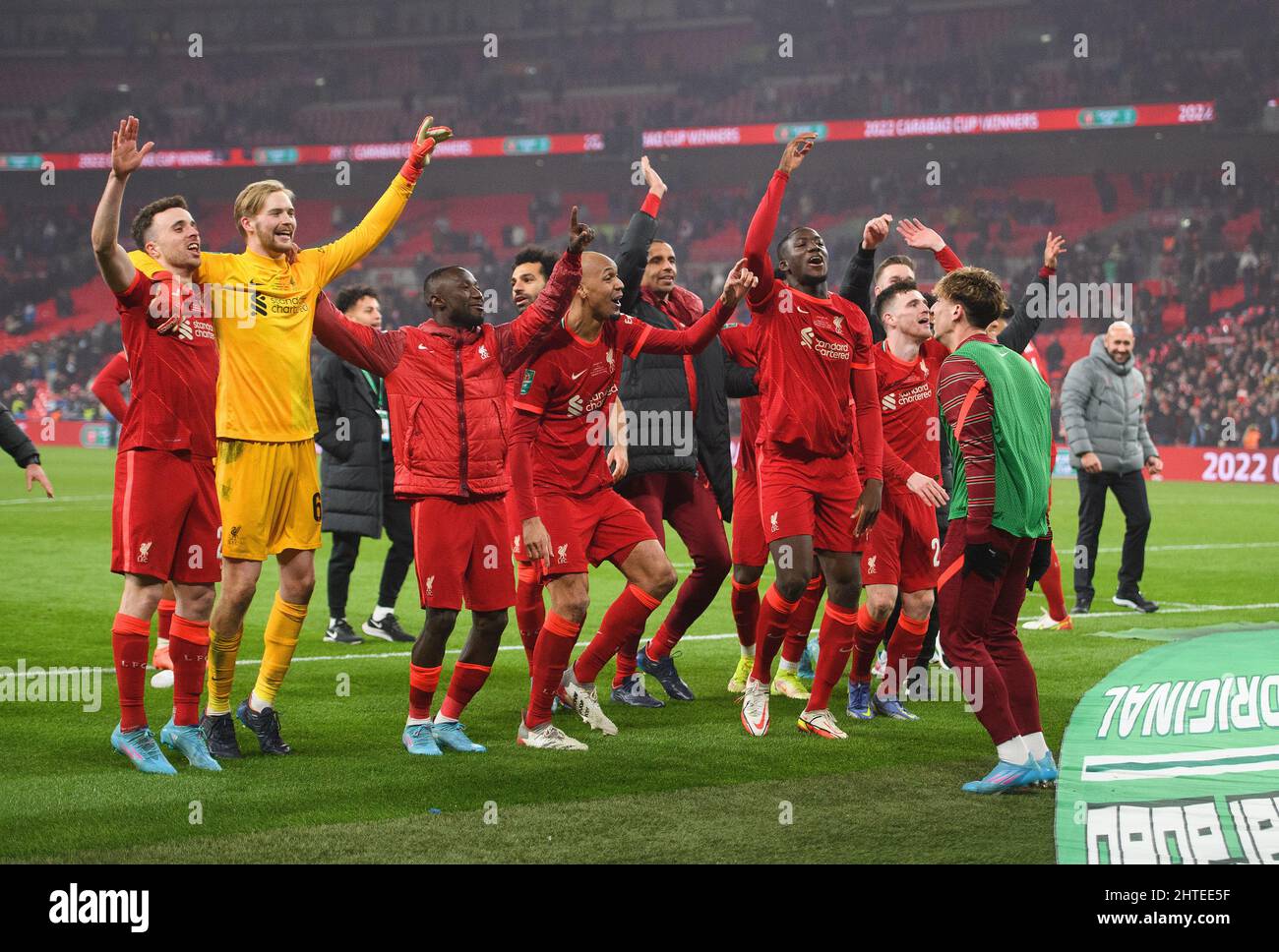 London, UK. 27th Feb, 2022. 27 February 2022 - Chelsea v Liverpool - Carabao Cup - Final - Wembley Stadium Liverpool players dance and celebrate winning the penalty shootout in the Carabao Cup Final at Wembley Stadium. Picture Credit : Credit: Mark Pain/Alamy Live News Stock Photo