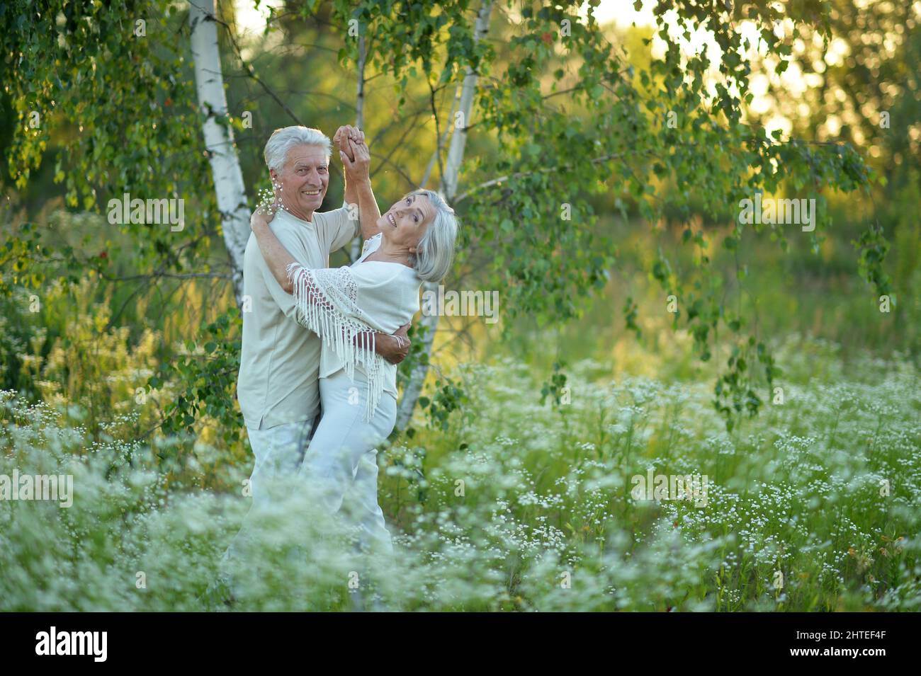 Happy senior couple dancing in summer park Stock Photo - Alamy