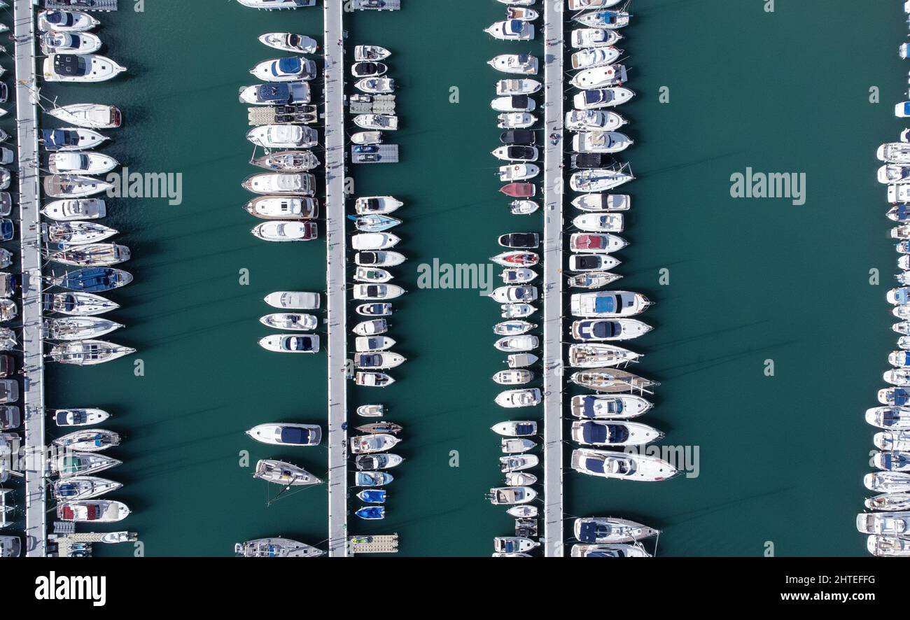 birds eye view of boats in a  marina in spain Stock Photo