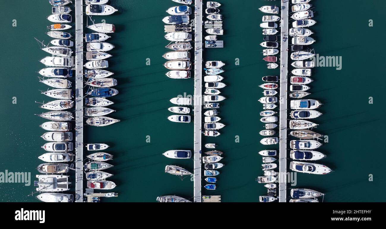 birds eye view of boats in a  marina in spain Stock Photo