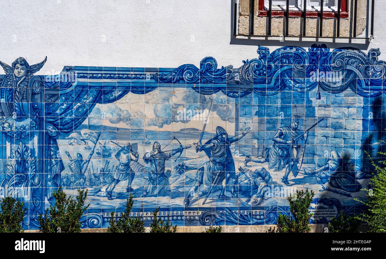 Azulejos, painted tiles in Miradouro de Santa Luzia, Alfama, Lisbon, Portugal. Stock Photo