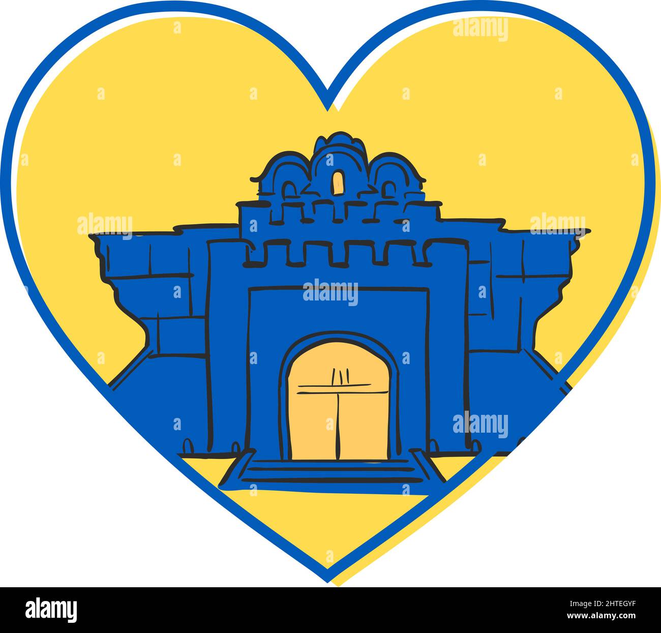 Golden Gate Kyiv in yellow heart icon. Save Ukraine concept. Vector Ukrainian symbol, icon, button.-SupplementalCategories+=Images Stock Vector