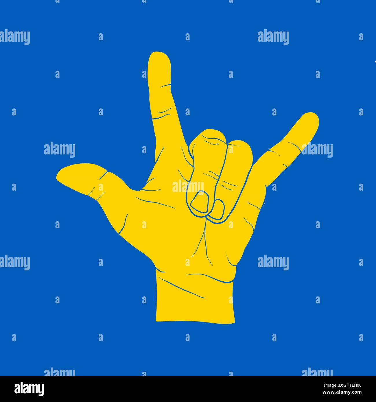 Yellow Devil hand sign on blue. Support icon for Kyiv and Ukraine people. Stay Strong together. Patriotic symbol, icon.-SupplementalCategories+=Images Stock Vector
