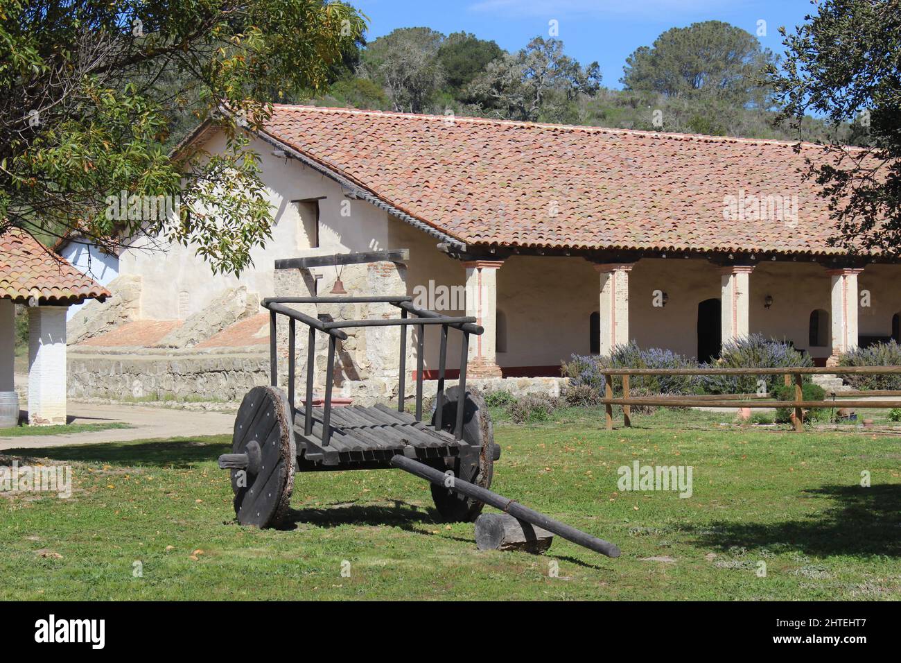 Ox Cart and Convento or Padres' Quarters, Mission La Purisima Concepcion, Lompoc, California Stock Photo