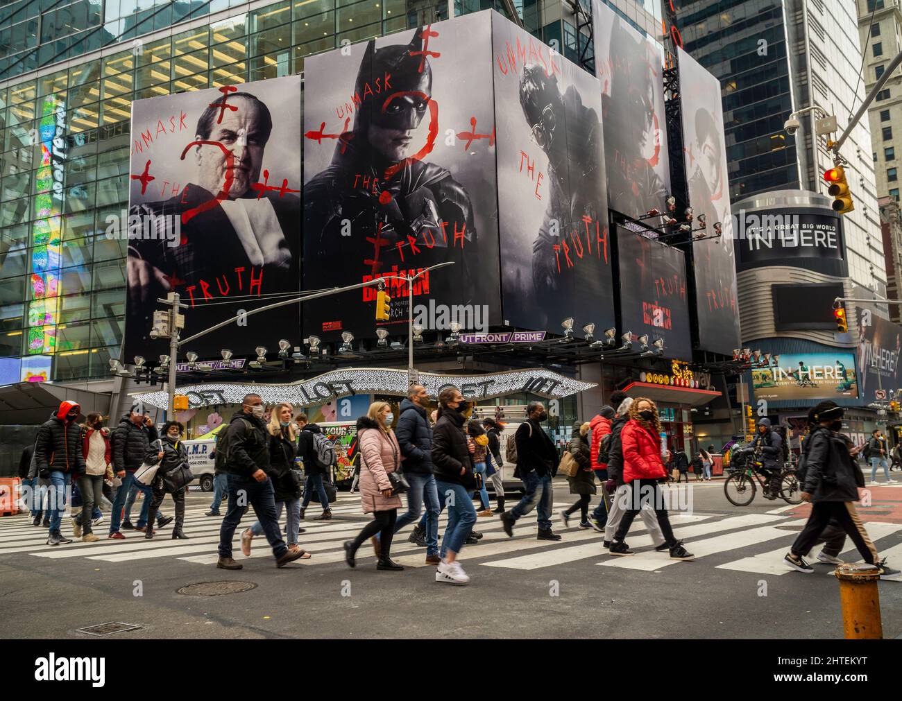 Advertising for the Warner Bros. Pictures’  “The Batman” film is seen in Times Square in New York on Wednesday, February 16, 2022. The film, starring Robert Pattinson, is scheduled to be released in the U.S. on March 4, 2022. (© Richard B. Levine) Stock Photo