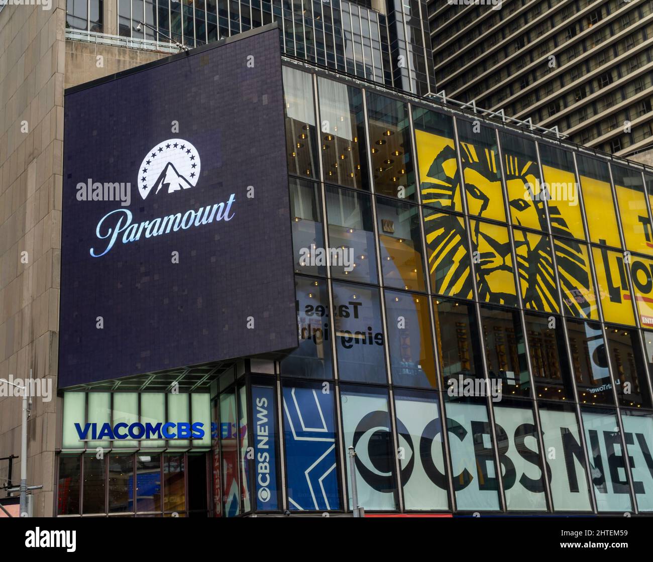 Advertising espousing the new name of ViacomCBS on their headquarters in Times Square in New York on Wednesday, February 16, 2022. ViacomCBS has changed its name to Paramount Global.  (© Richard B. Levine) Stock Photo