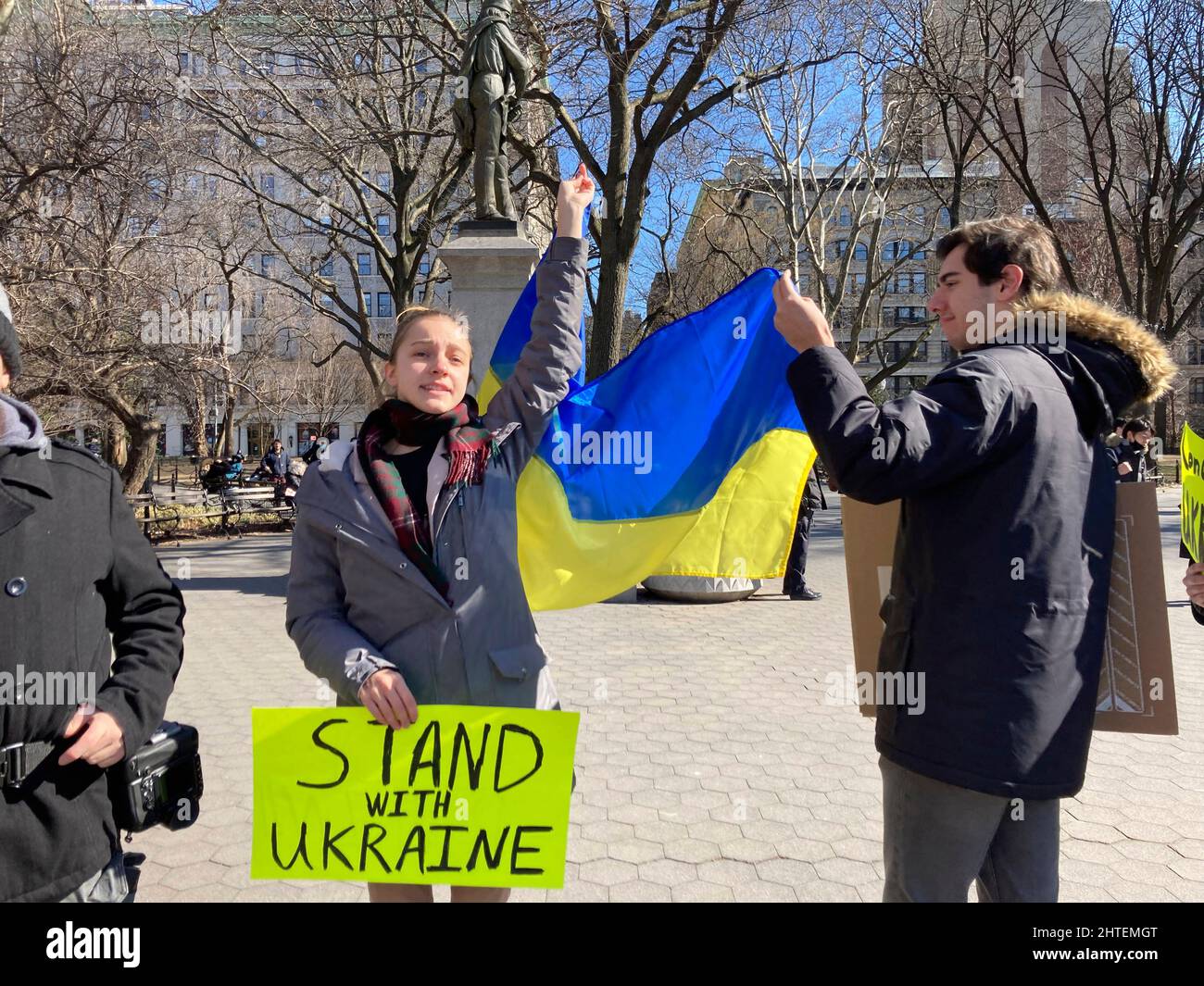 Ukrainian-Americans and their supporters protest the Russian invasion and show support for the citizens of the Ukraine, in Washington Square Park in New York on Sunday, February 27, 2022. (© Frances M. Roberts) Stock Photo