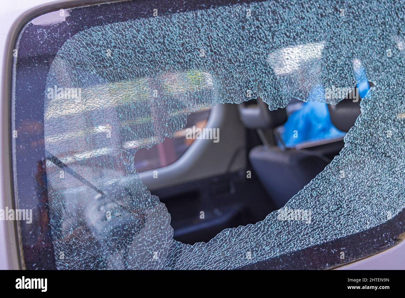 Broken Car Side Window Glass Damage Burglary Exterior View Stock Photo