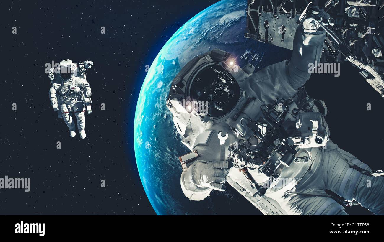 Astronaut spaceman do spacewalk while working for spaceflight mission