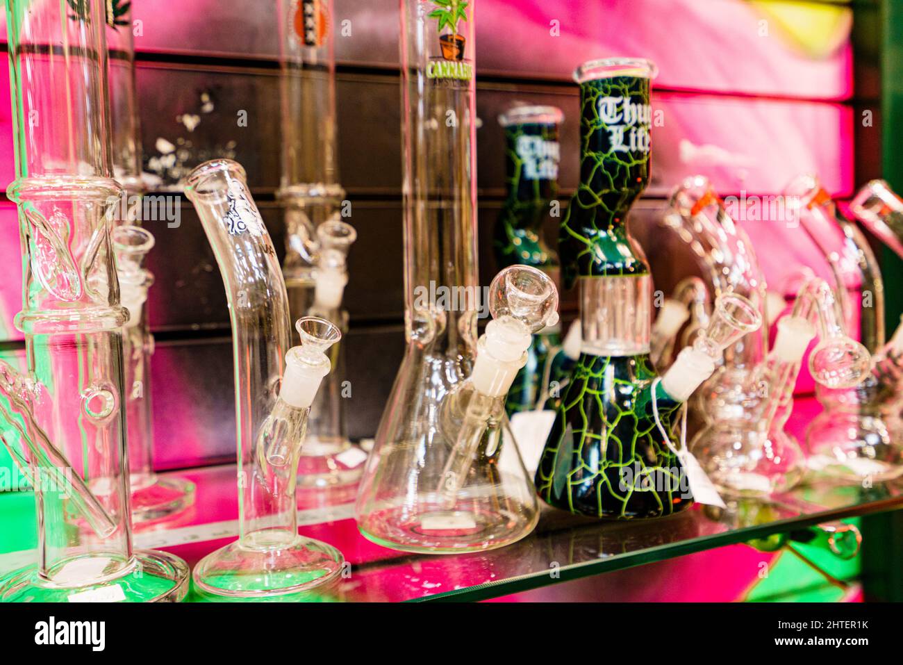 Amsterdam, Netherlands - 16 November, 2021: Cannabis smoking equipment for sale in shop. Recreational use of cannabis is allowed in some countries but Stock Photo