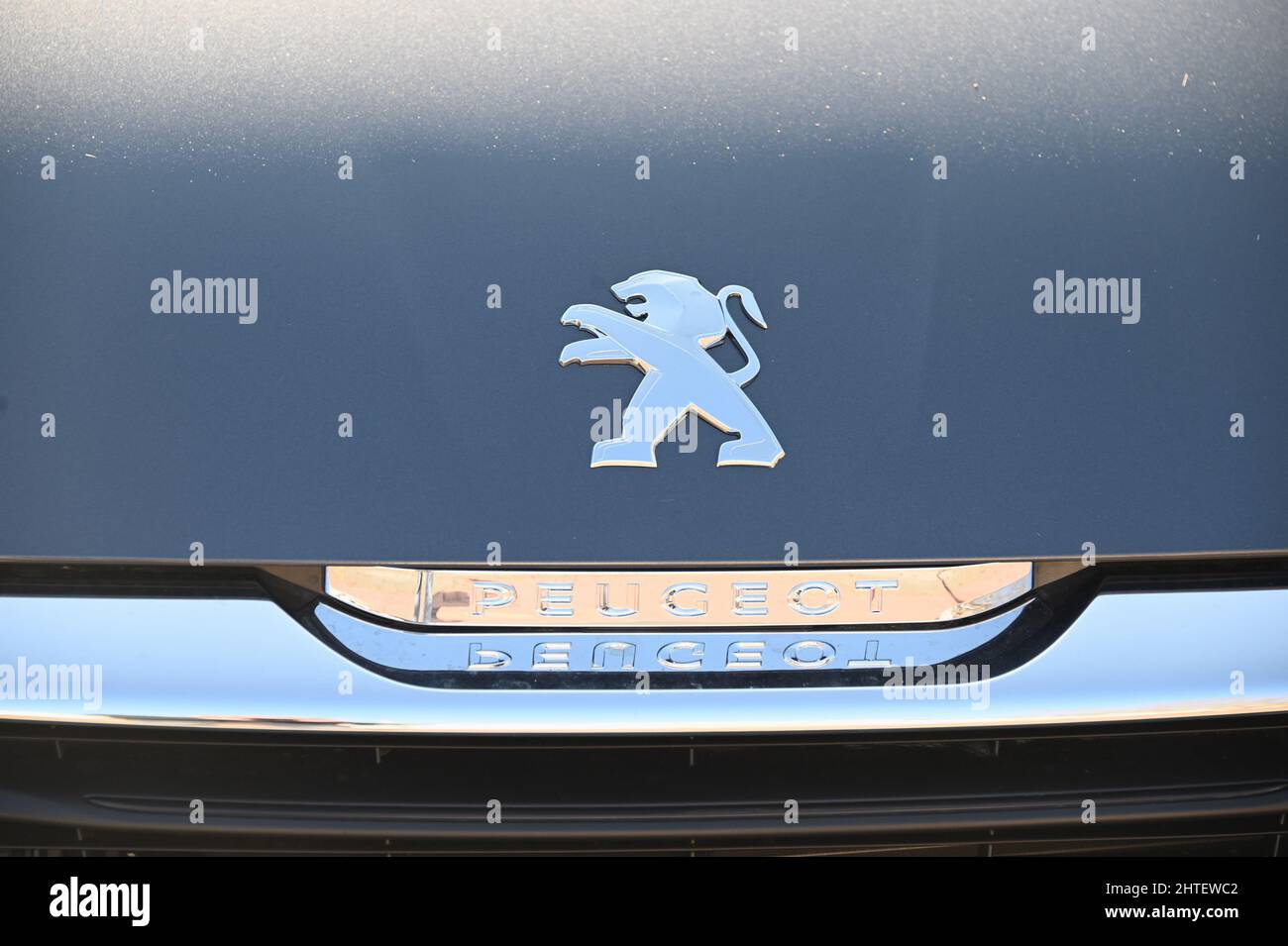 27 February 2022, North Rhine-Westphalia, Cologne: Logo, lettering of the French car manufacturer PEUGEOT brand of Groupe PSA Stellantis on a car Photo: Horst Galuschka/dpa Stock Photo