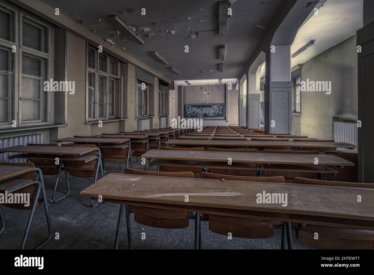 : Training room with benches and blackboard in the old police headquarters in Frankfurt am Main Stock Photo